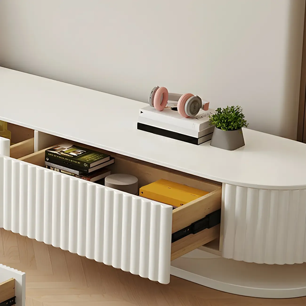 79 White Modern Wood Long Fluted TV Stand with Drawers