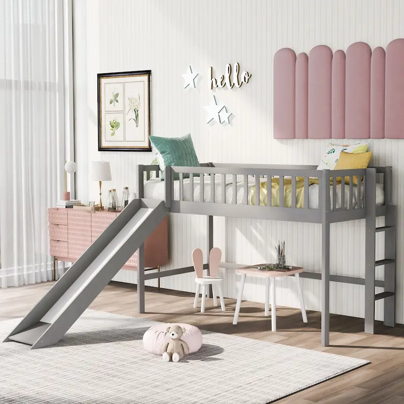 Gray Twin Size Wood Low Loft Bed with Ladder and Slide for Kids, Boys and Girls