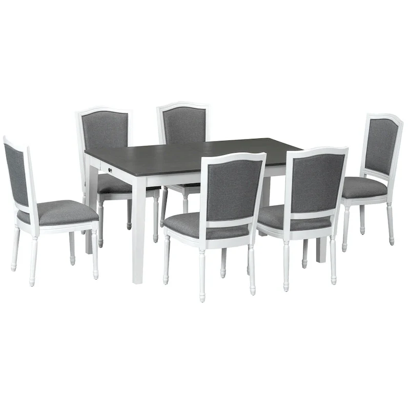 7 Pcs Dining Table Set, Solid Wood Table and Chairs Set with Extendable Dining Table, 2 Drawers and 6 Upholstered Chairs