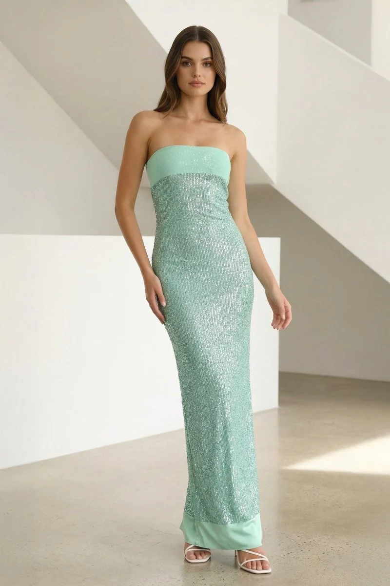 Sage Sheath Strapless Sequined Long Prom Dresses