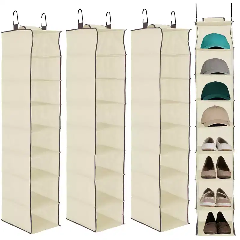 3-Tier Hanging Shoe Organizer for Closet, 8-Shelf Storage Holder with 2 Hooks, No Tools Needed Installation, Space-Saving Shelf for Shoes, Purses