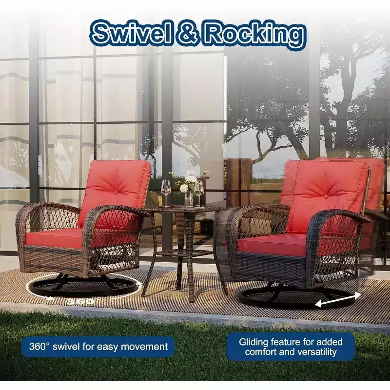 3-Piece Wicker Patio Furniture Set, Outdoor Swivel Rocker Chairs with Table, 360 Swivel Rocking Chairs with 4 Thick Cushions for Porch, Deck, Red