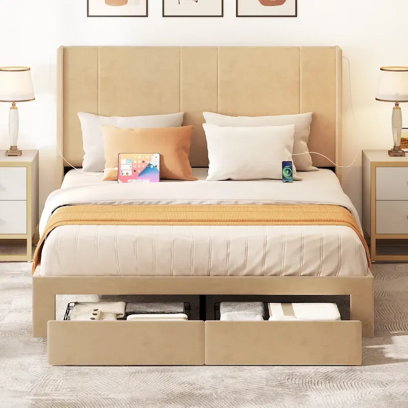 Queen Upholstered Platform Bed Frame with Storage Drawers and USB Ports