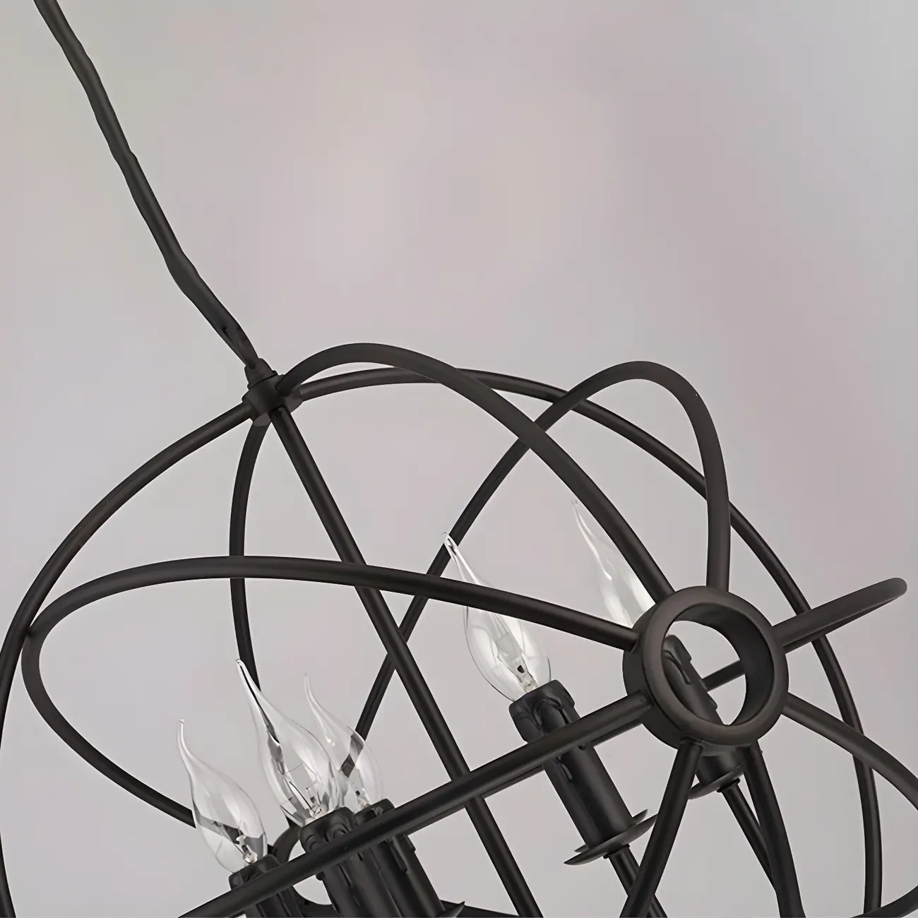 Industrial Black Metal Globe Caged Candelabra Chandelier