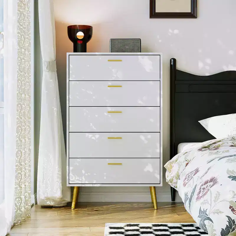 Famapy Vertical Dresser Storage Cabinet White 5 Drawer Large Storage Space Tall Cabinet Legs