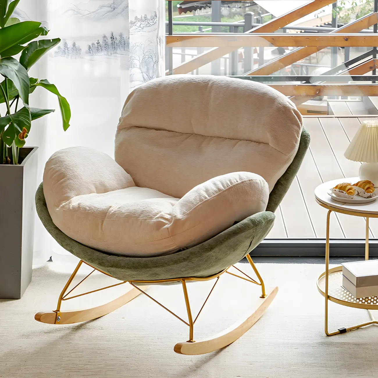 Modern Velvet Upholstered Rocking Chair with Wood Legs