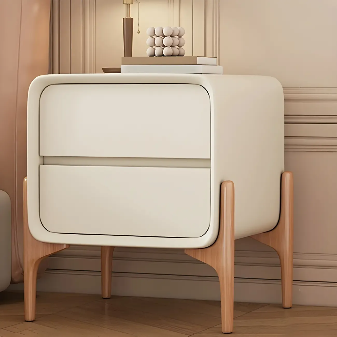 Simple Curved Wooden Faux Leather 2 Drawer Nightstand