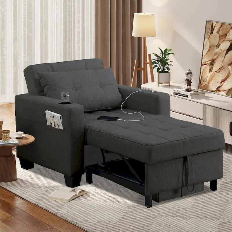 Convertible Chair Bed 3-in-1 36.6W USB Ports Cup Holders 3 Recline Angles Steel 330 LBS
