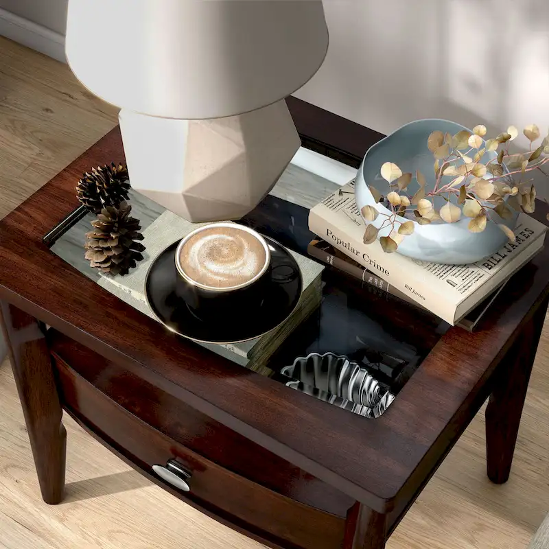 Genoas Traditional Walnut 27-inch Glasstop 1-Drawer End Table by Furniture of America