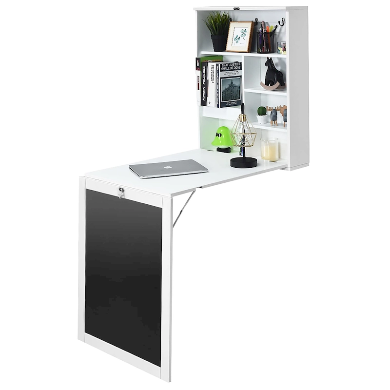 Foldable Wall Mounted Table Convertible Desk with Blackboard Shelves
