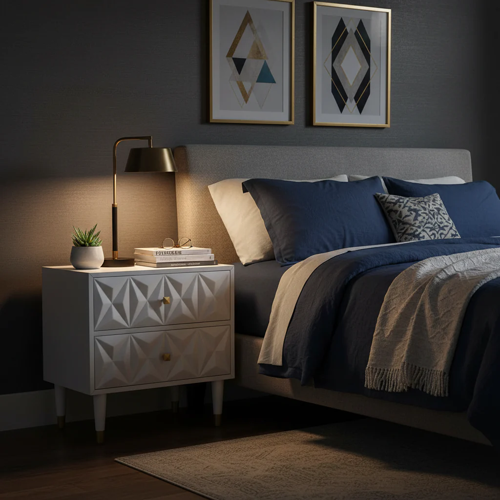 27 White Geometric Patterned Two Drawer Nightstand