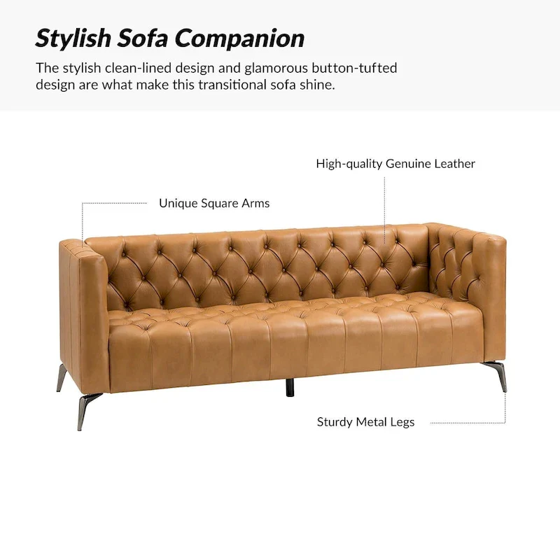Transitional Genuine Leather Sofa with Metal Legs and Tufted Back