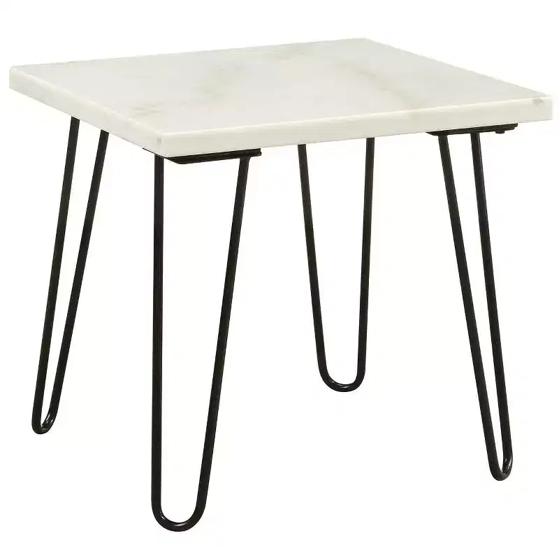 Royal Hampton Marble Top End Table With Flower Motif Engraved Angular Wood Feet, Silver