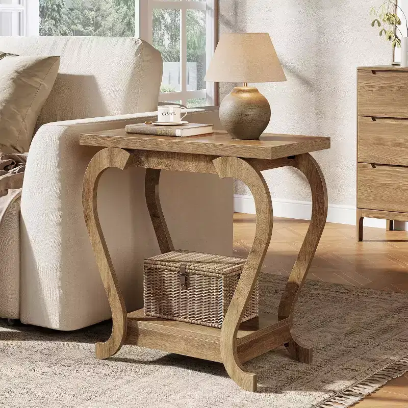 Lantine 2-Tier End Table, Narrow Wood Side Table, Bedside Accent Furniture for Living Room, Small Spaces, Bedroom, Brown