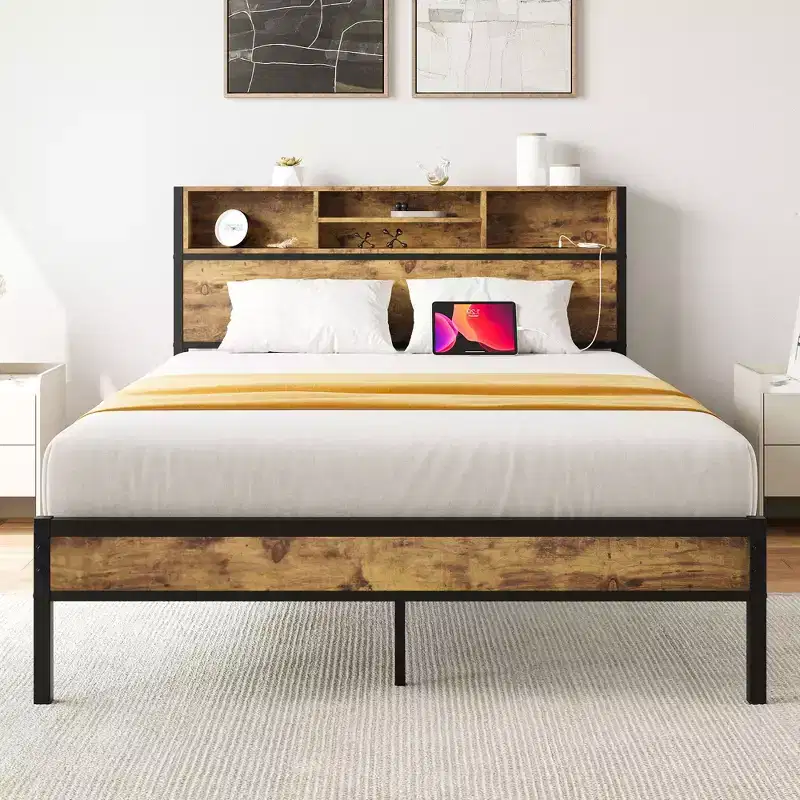 Okak Full Size Bed Frame with Storage Headboard, Metal Platform Bed with Charging Station, Bookcase Storage for Bedroom, Living Room, Black