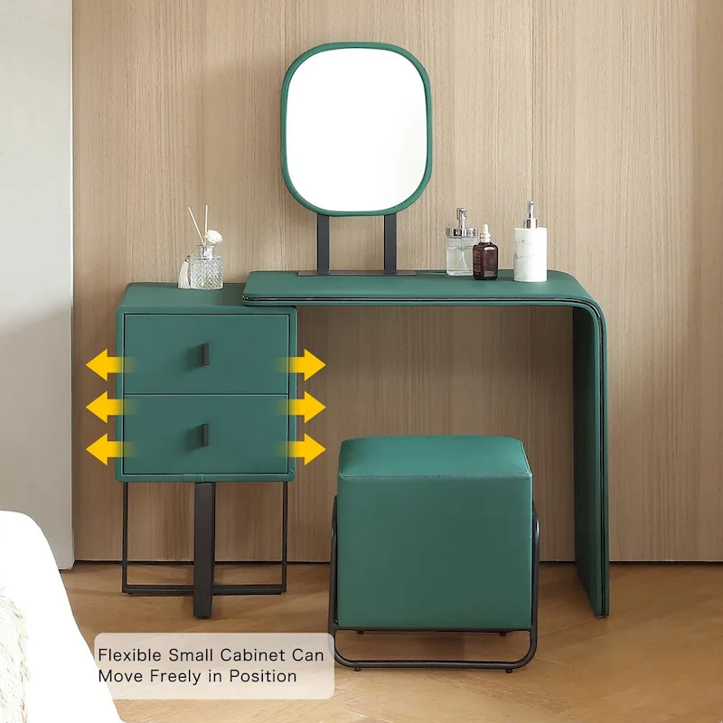 Faux Leather Makeup Vanity Desk Set with Stool & LED Mirror – Green / Grey / White, 1 Person