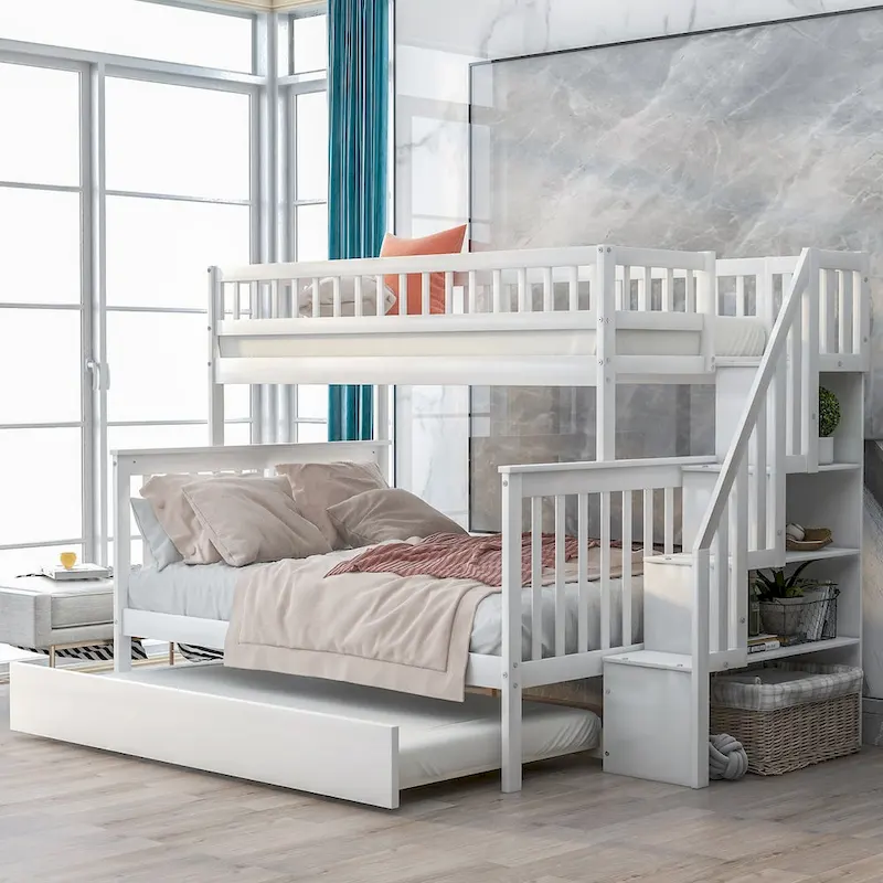 Grey/White Twin over Full Bunk Bed with Trundle & Storage Staircase, Sleeps 3