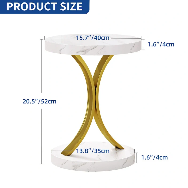 Modern Gold Round End Side Table with Faux White Marble Top and Gold Metal Frame
