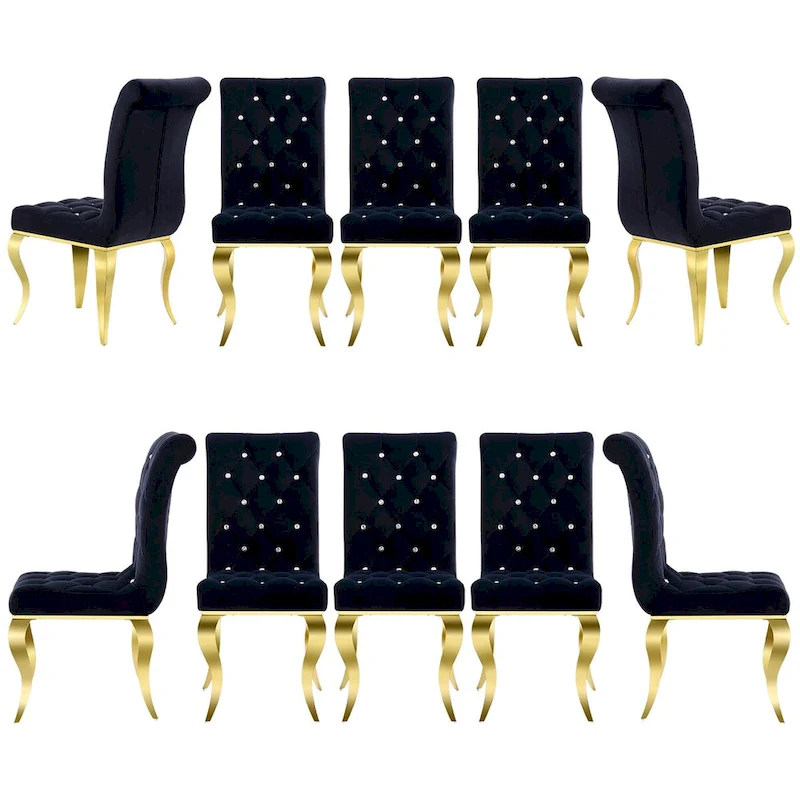 Luxury Black Velvet Upholstered Dining Chairs with Polished Gold Legs