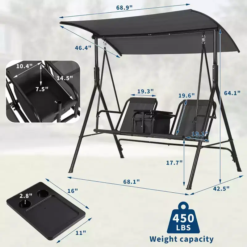 Outdoor Patio Swing Chair with Adjustable Canopy, Outdoor Patio Glider Swing with Heavy Duty Stand for 2 Adult Persons, Ideal for Lawn, Backyard