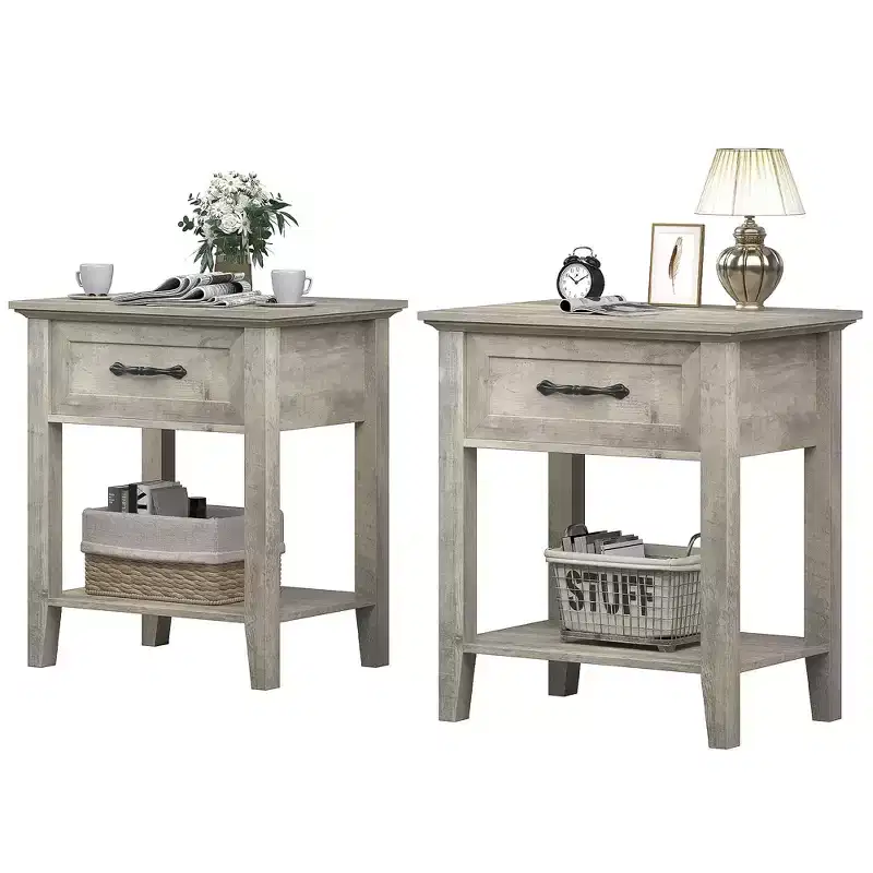Set of 2 Nightstands, End Side Tables Living Room with Drawer, Industrial Design, Night Stands with Shelf, Bedside Tables for Bedroom, Dorm, Grey
