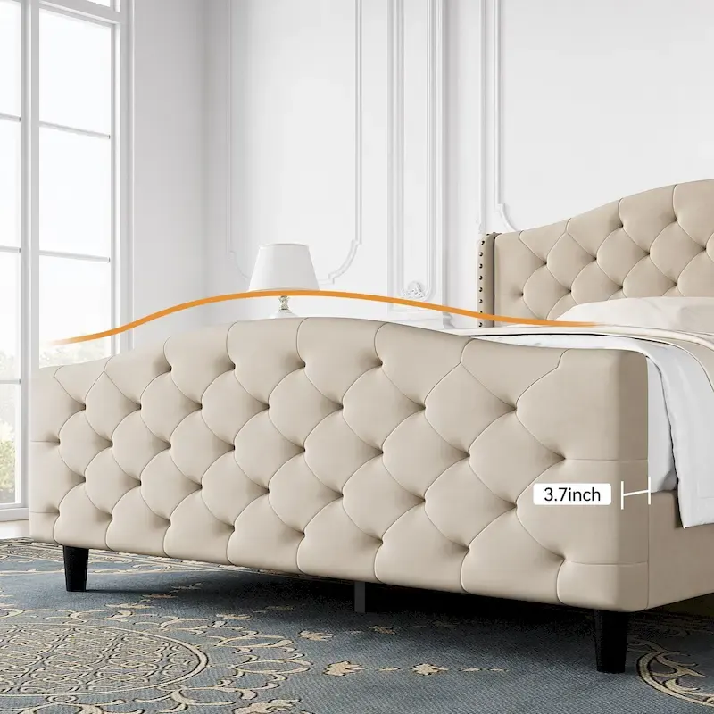 Bed Frame With Velvet Upholstered Headboard And Footboard