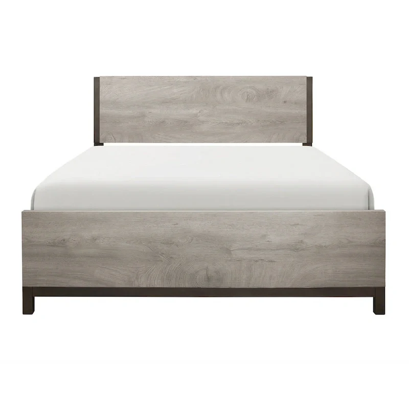 Queen Bed, Painted Metal Finished Accents, Light Gray Wood Frame