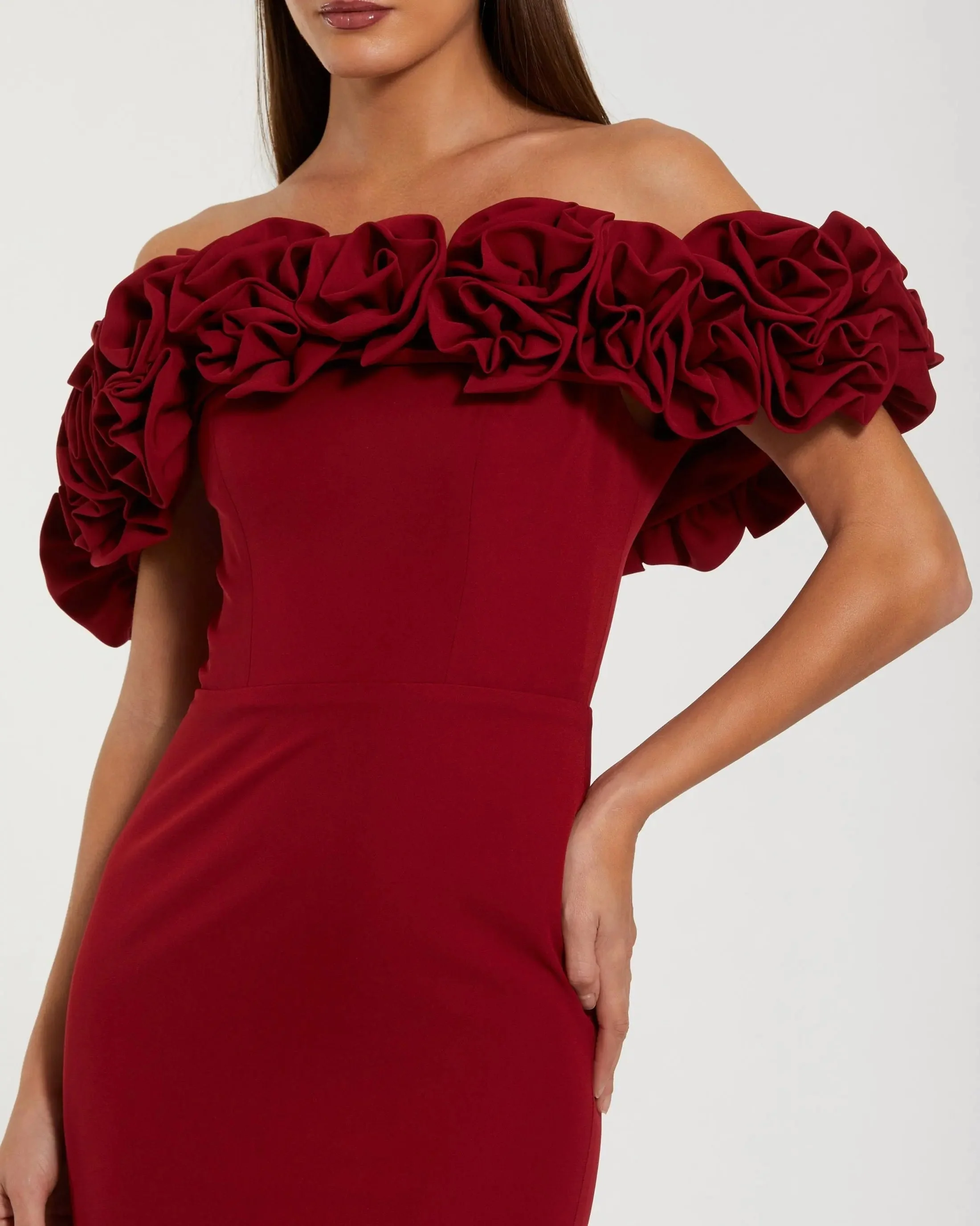 Red Crepe Off The Shoulder Column Gown With 3D Roses