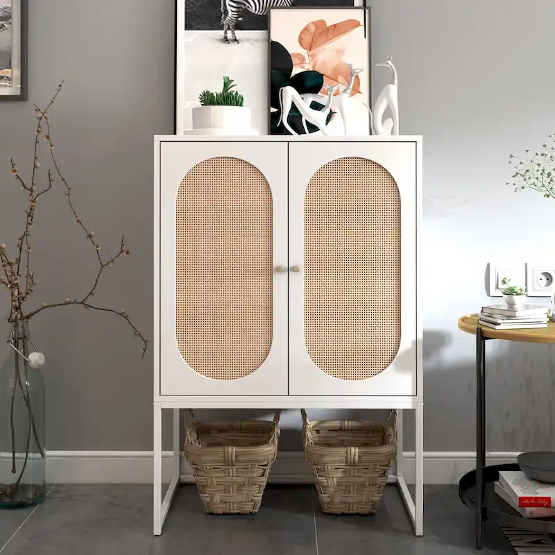 White / Walnut / Black / Brown 2-Door Cabinet with Rattan Panel, Adjustable Shelf, for 1