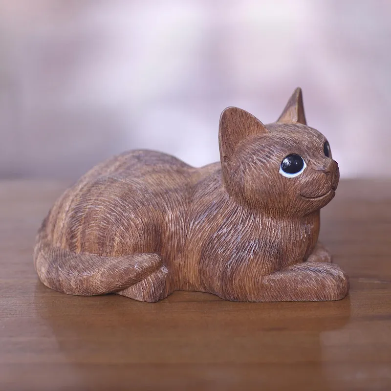 Novica Handmade Long Haired Cat Wood Sculpture