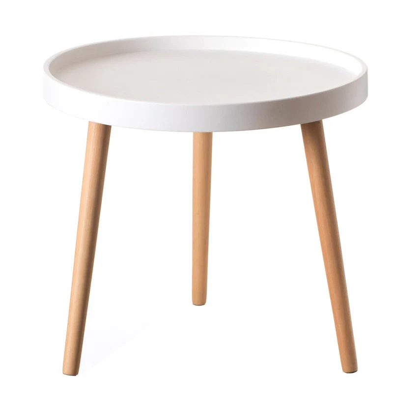 Modern Plastic Round Side Table Accent Coffee Table with Beech Wood Legs