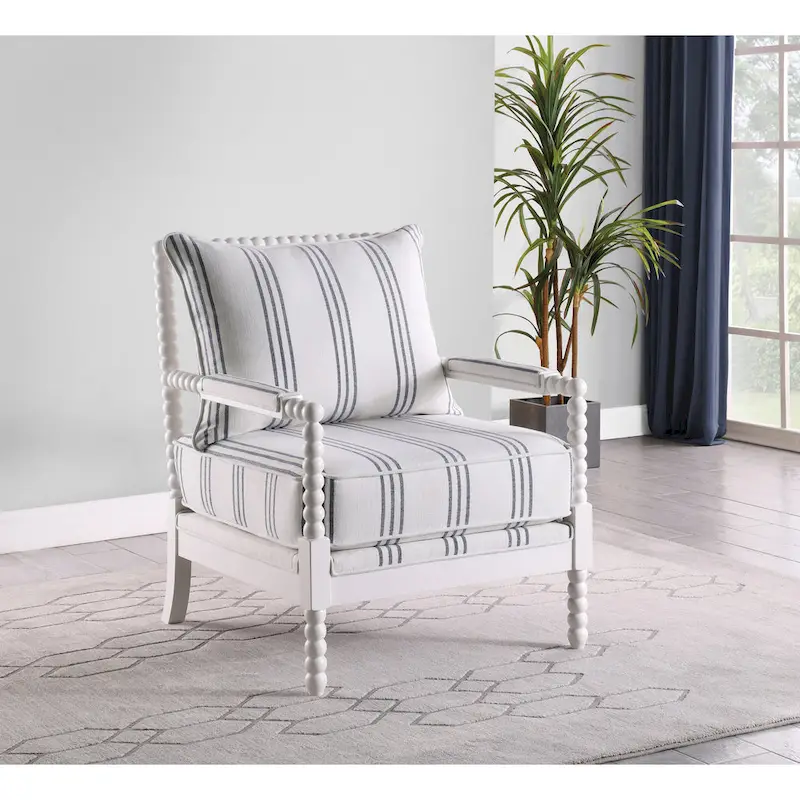White and Navy Upholstered Stripe Accent Chair