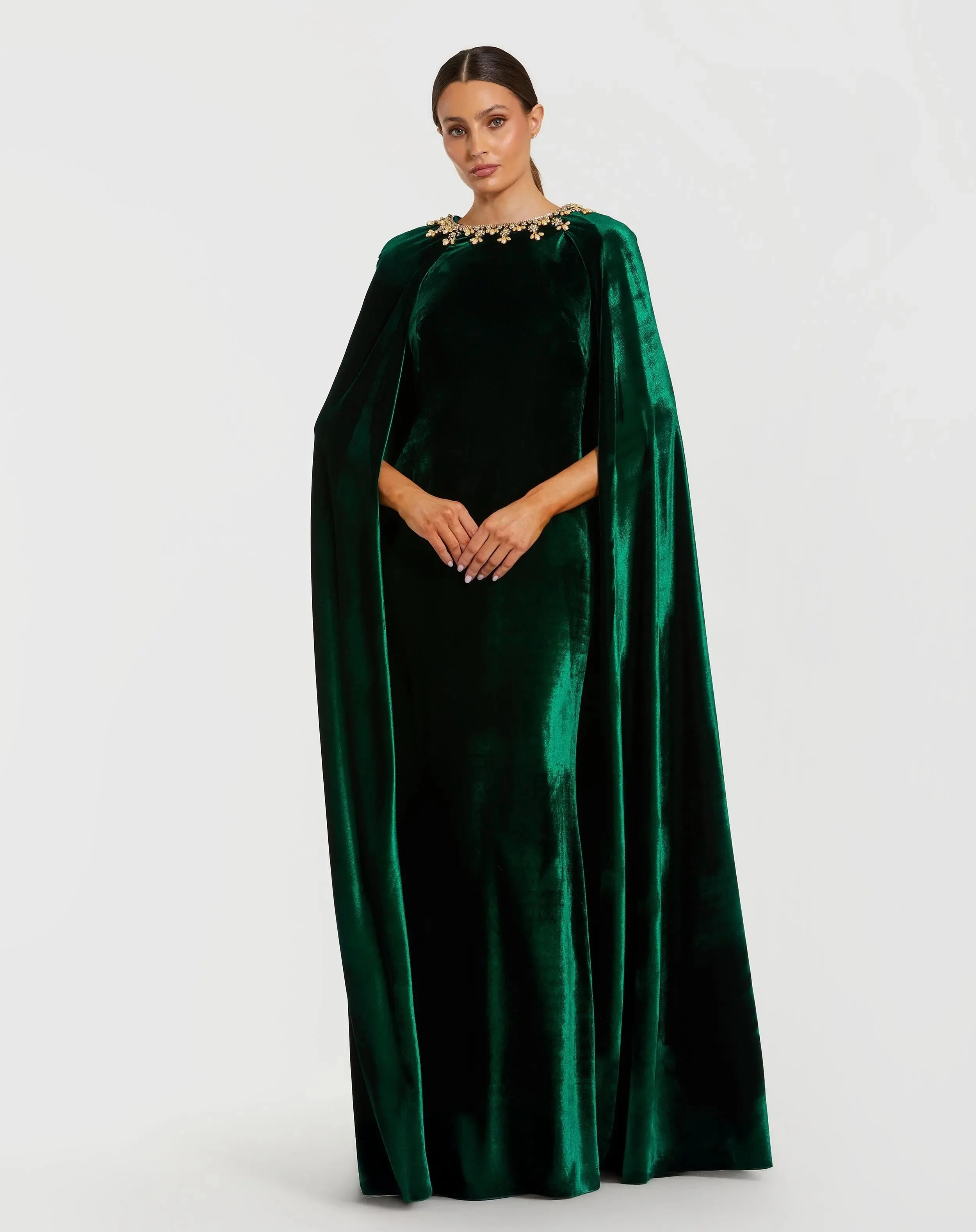 Dark Green Velvet Cape Gown With Embellished Neckline