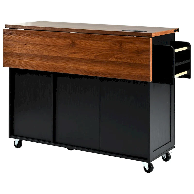 Farmhouse Kitchen Island with Power Outlet and Rolling Cart