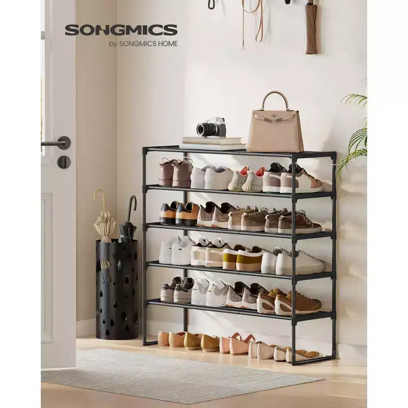 5-Tier Stackable Shoe Rack, 36.2 Inch Metal Shoe Organizer with 22 lb per Tier Capacity, Upright & Reversible for Entryway, Black