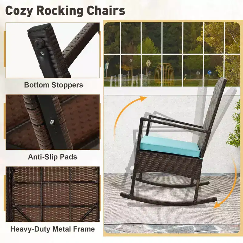 Costway 3 Piece Patio Rocking Set Wicker Rocking Chairs with 2-Tier Coffee Table Turquoise/Off White/Black