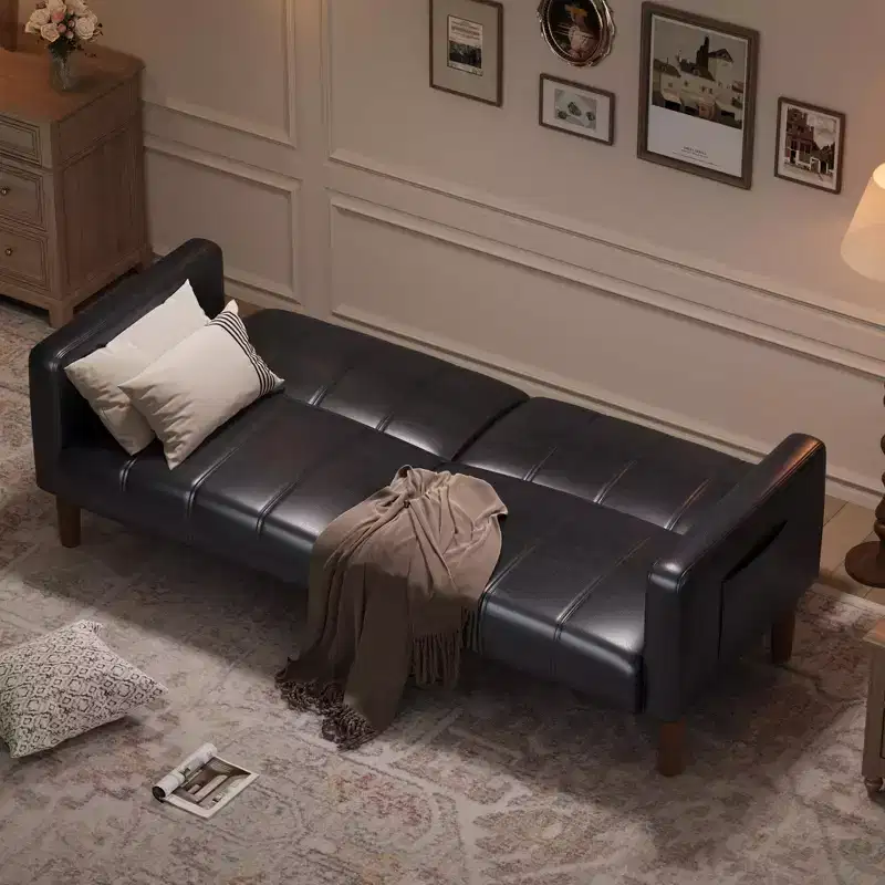 Convertible Futon Sofa Bed, 75 Faux Leather Loveseat with 3 Adjustable Angles, Mid-Century Modern Couch for Living Room Guest Bedroom