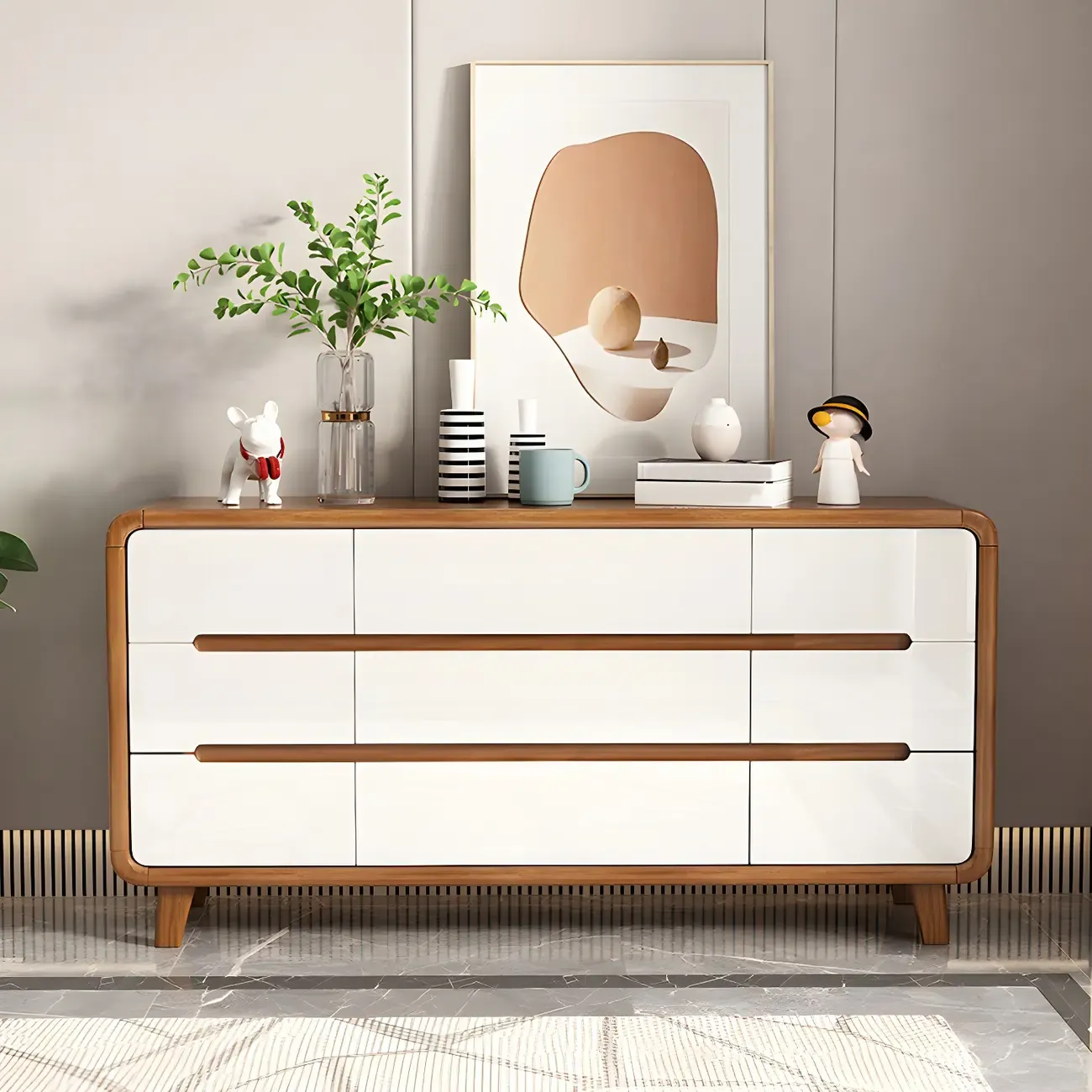 Traditional White-Brown Wooden Double Dresser Arched Edge