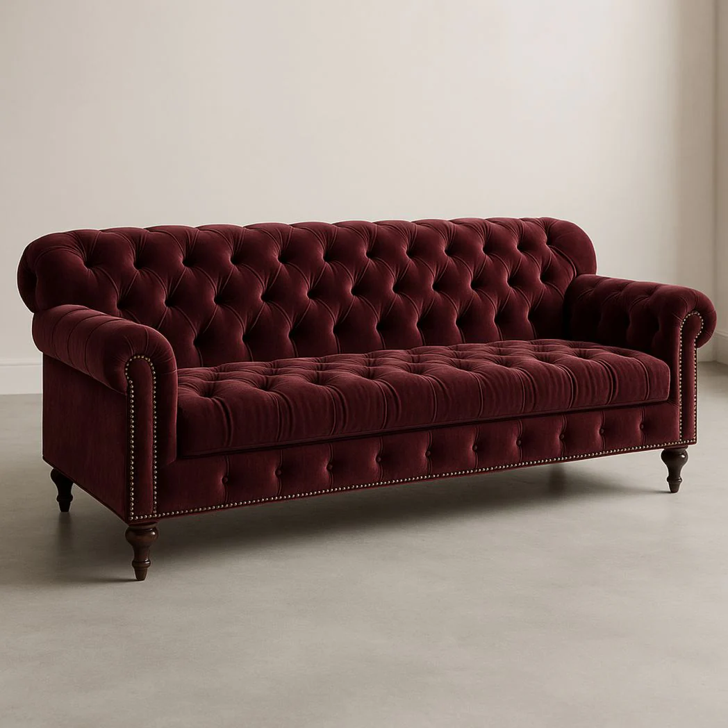 Canapé Chesterfield Velours 3 Places Framboise Profond