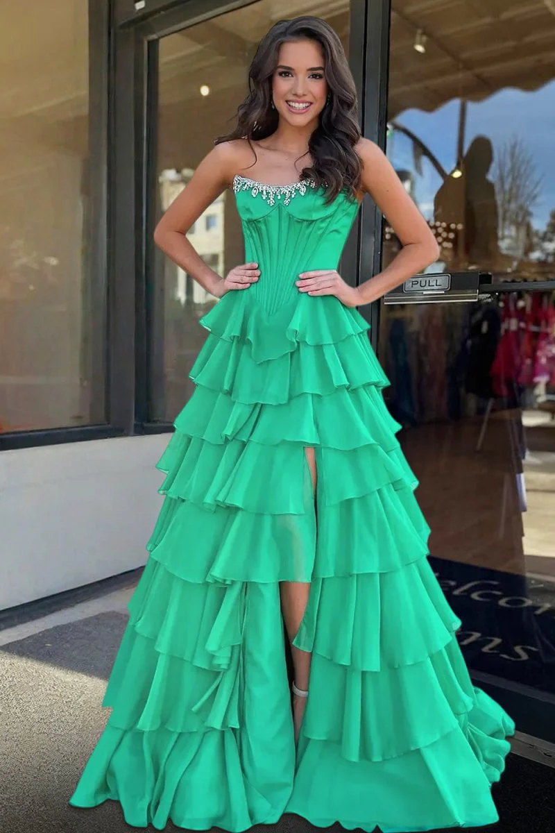 Green Scoop Neck A Line Chiffon Ruffled Prom Dresses With Beading