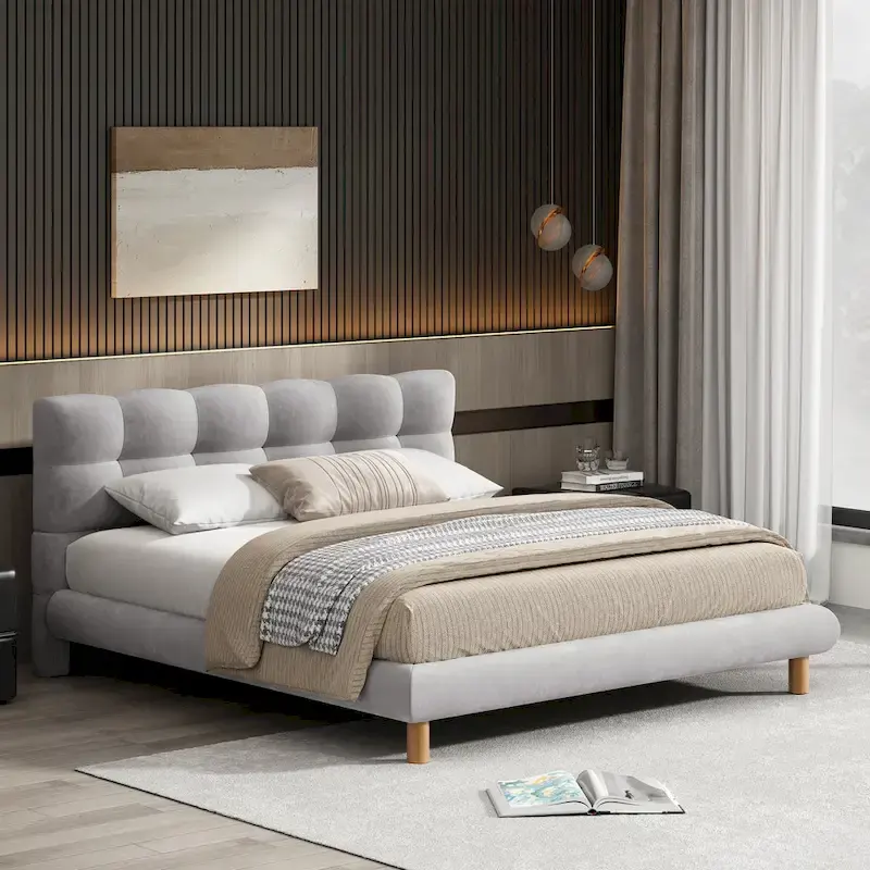 Grey Chenille Upholstered Platform Bed with Cookie Headboard, Full/Queen/King