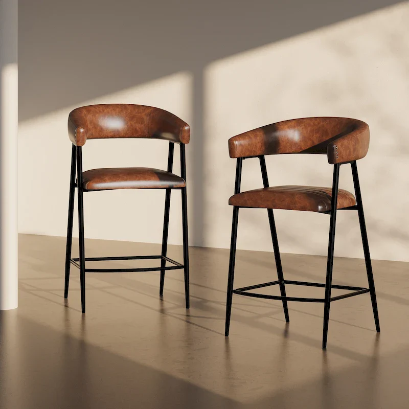 26 PU Upholstered Counter Stools, Set of 2 Bar Height Chairs with Iron Frame, Backrest, Footrest and Arms, Brown