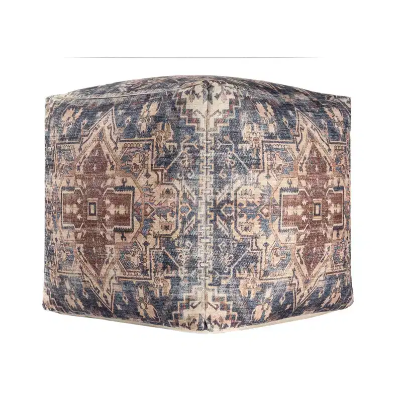 HomeRoots 18 Navy Blue and Terra Cotta Upholstered Medallion Pouf Ottoman