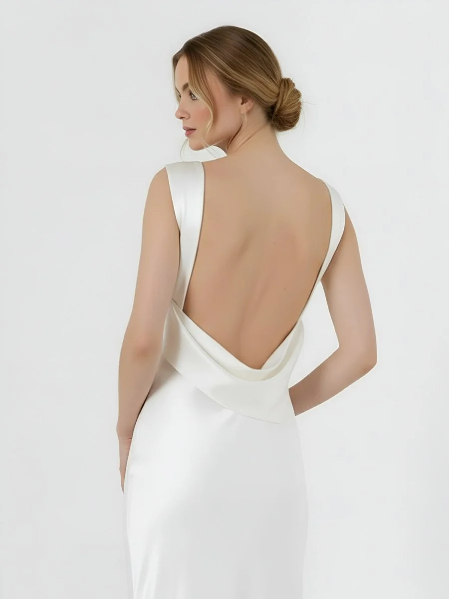Sheath High Bateau Neck Backless Silk Satin Wedding Dress