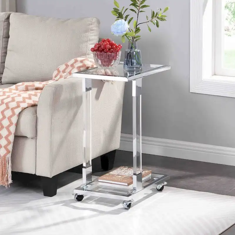 Chrome & Gold C-Shape Glass Side Table with Metal Base & Casters, 1-Person Use