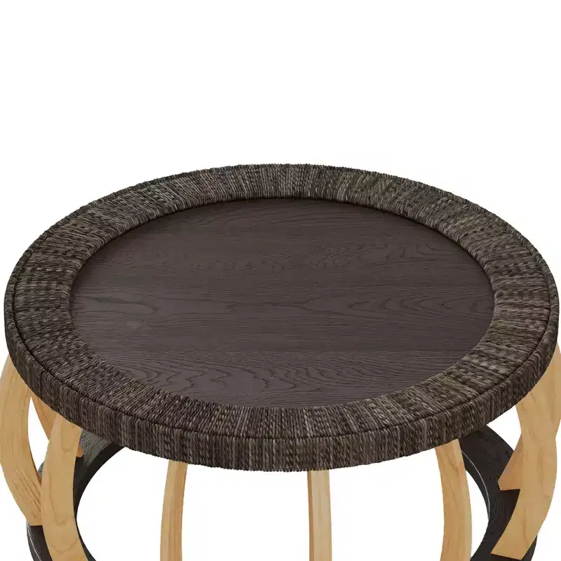 GDFStudio Olumide Bohemian Wooden Round Coffee Table with Curved Legs and Rattan Design