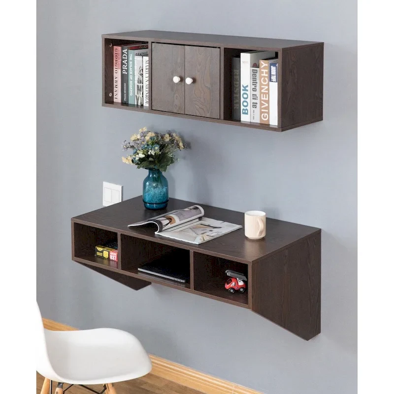 Wall-Mounted Computer Desk with Cabinet, 3 Open Compartments, Optional Hutch, White / Brown, 1-Person Use