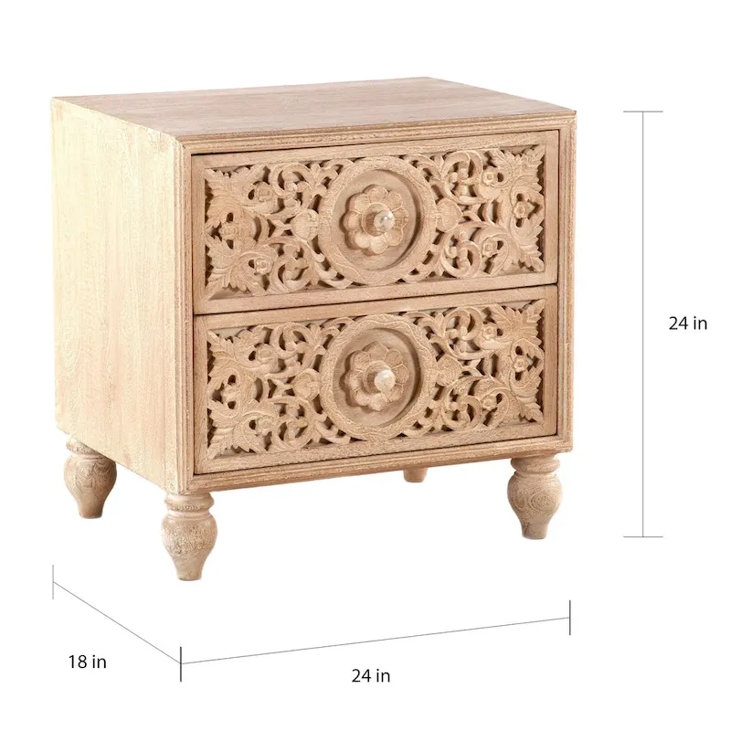 Brown / Dark Brown Mango Wood 2-Drawer Nightstand with Hand-Carved Drawer Fronts & Turned Legs – Bohemian Style