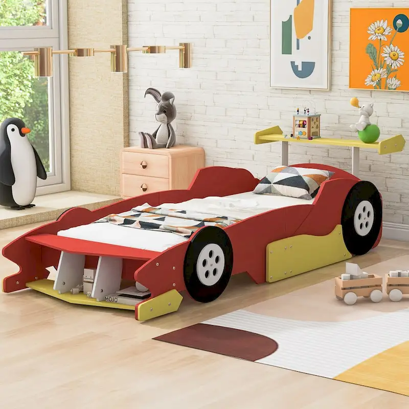 Twin Size Race Car-Shaped Platform Bed, Blue/Black/Red, 1-Person
