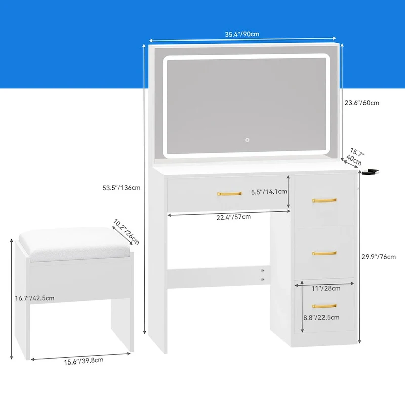 Moasis Vanity Set with Led Lights Makeup Desk Dressing Dresser Desk Table with 4 Drawer - 35.43L x 15.74W x 53.54H